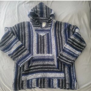 Y2k Mexican Baja Festival Boho Surfer Hippie Hoodie Black Blue White Striped L